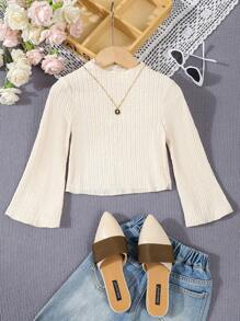 SHEIN 1pc Young Girl' White Textured Elastic Tight Collar, Normal Shoulder, Long Flare Sleeve, Tight Cuffs & Hem Mini Dress, Spring & Autumn - Apricot - View 1