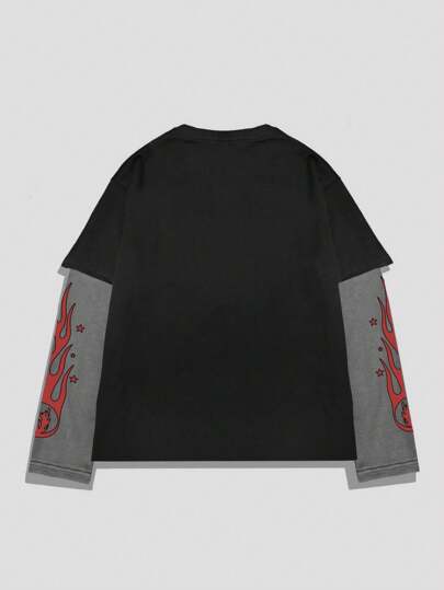Street Life Camiseta de manga larga con estampado de doble capa, estilo urbano para hombres