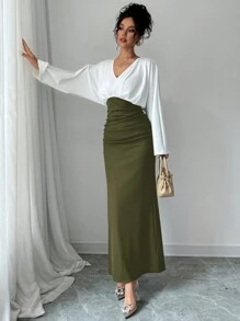 Firerie Đầm ôm tay dài màu trơn cổ chữ V cho nữ - xanh quân đội - Xem 6