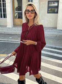 Serisse Women's Elegant Burgundy Autumn Pleated Dress,Basic Striped Brunch Outfit,Casual Holiday Resort & Valentine's Day Christmas Winter New Year Costume - Burgundy - View 5