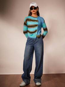 Forever 21 Autumn/Winter Multi-Color Striped Asymmetrical Open-Front Sweater