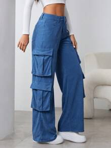 Women's Solid Color Corduroy Casual Loose Fit Long Pants With Pockets Fall Cloth For Women - Blue - View 5