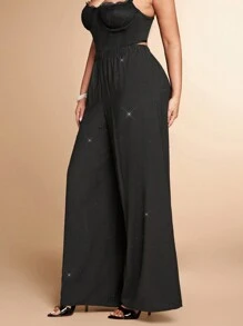 SHEIN BAE Plus Size Women's Black Rhinestone Elastic Waist Pants, Romantic For Date, Formal Occasions, Party, Commuting, Going Out At Night