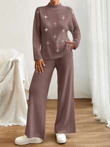 SHEIN Cottnline Women Sweater With Pearl Detailed And Knit Pant - Dusty Pink - View 4
