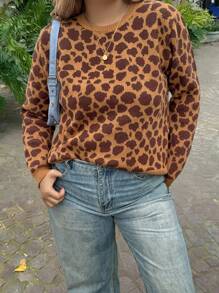 INAWLY Plus Size Leopard Pattern Round Neck Casual Long Sleeve Pullover Sweater Knit Pullover Fall Winter - Brown - View 1
