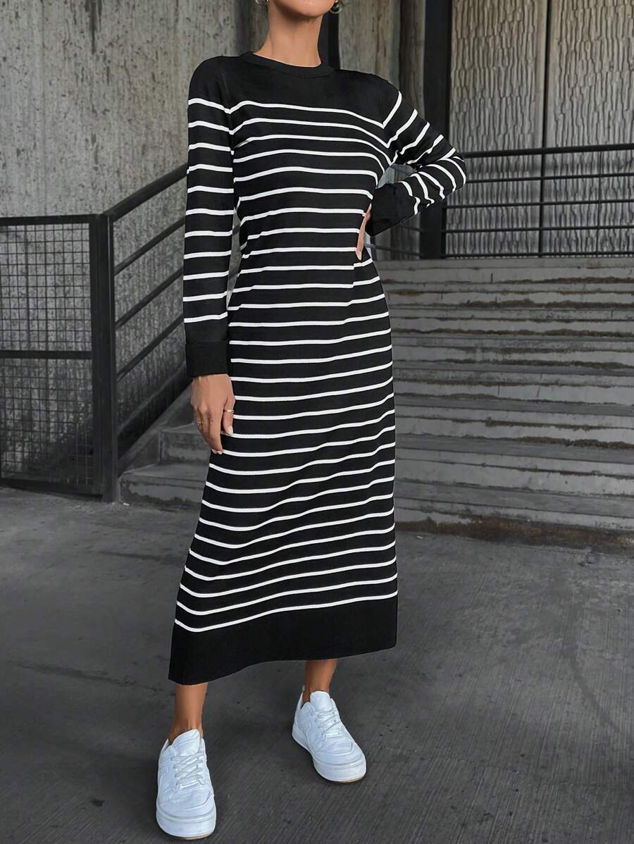 Cloudara Striped Pattern Sweater Dress - Black and White - View 1