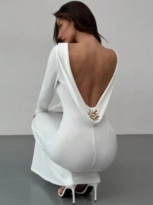 Aloruh Elegant Backless Metallic Decor Fish Tail Maxi Party Dress