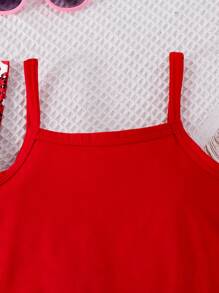 SHEIN 2 件套年轻女孩休闲可爱 T 恤和连体衣套装，时尚潮流春秋 - 紅色 - 查看 7