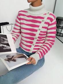 Chiquease Pull col roulé rayé, décontracté et pour le port quotidien, tricot pull automne hiver - Multicolore - Voir 3