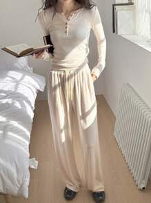 DAZY 2pcs/Set Women Solid Color Fitted Long Sleeve Top And Drawstring Waist Long Pants Lounge Sets For Women - Beige - View 2