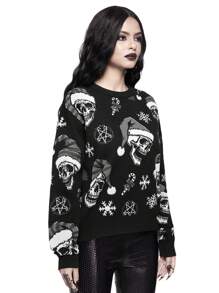 ROMWE Goth Suéter de cuello redondo con estampado en todo el diseño floral navideño de esqueleto oscuro
