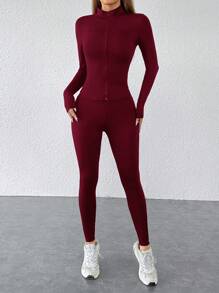 SHEIN PETITE 黑色两件套运动服拉链夹克和紧身裤 - 酒紅色 - 查看 4