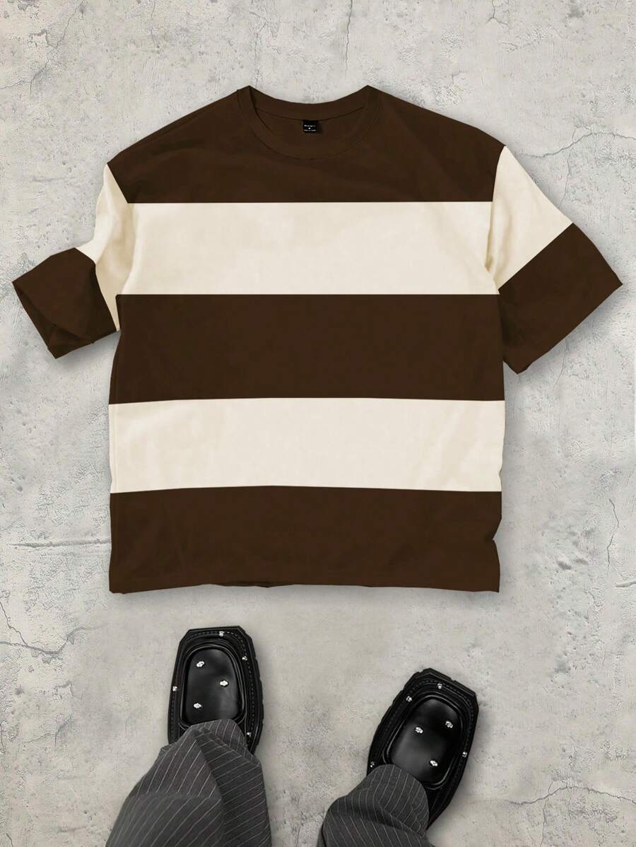 Manfinity Hypemode Men's Round Neck Short Sleeve Striped Simple T-Shirt, Casual For Daily Wear - Coffee Brown - View 1