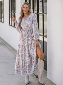 Wildy Women's Casual V-Neck Ditsy Floral Dress, Light Grey,Long Sleeve Dress - Multicolor - View 5