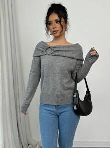 Chiquease Suéter de punto sólido casual con botón de adorno circular en el hombro para mujer, jersey de punto de otoño/invierno - Gris - Ver 4