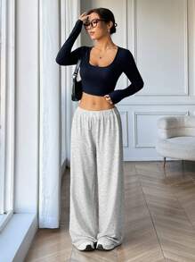 SHEIN EZwear Pantalones de chándal casuales de uso diario con estampado gráfico sencillo para mujer - Gris - Ver 5