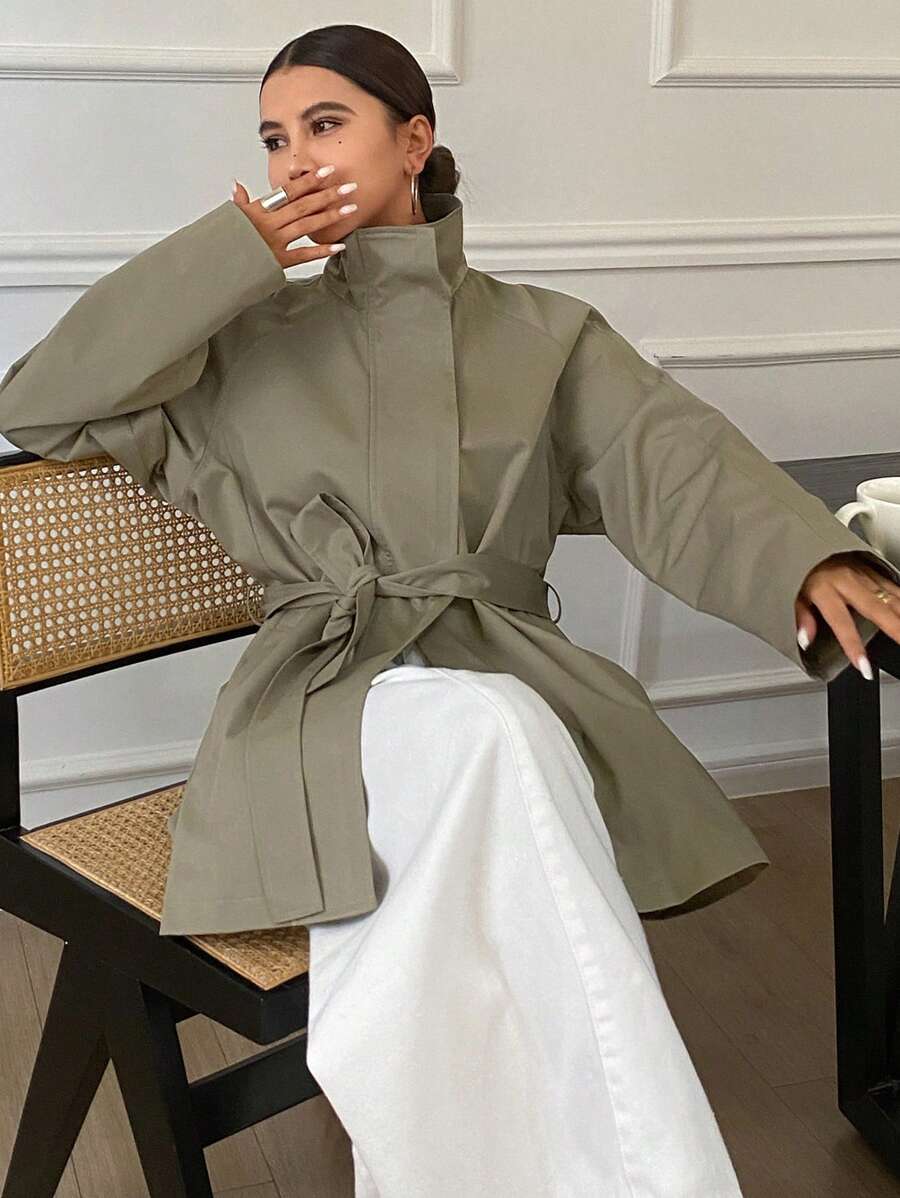Livesso 宽松长袖腰带口袋女式风衣女式夹克，秋季女装 - 綠色 - 查看 1