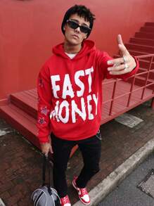 Manfinity Roghcode Áo nỉ có mũ trùm đầu in chữ và hình ngôi sao thường ngày cho nam, Áo hoodie dài tay họa tiết đường phố thu/đông, Quà tặng cho bạn bè, chồng, bạn trai - Đỏ - Xem 3
