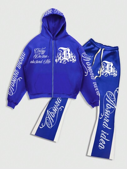 Street Life بنطلون رياضي مزود بحزام وأرجل جرس مع كنزة رياضية كشكول بأكمام طويلة ومزودة بسحاب وجيوب، طقم يومي