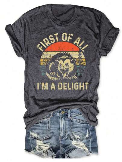 INAWLY 1pc Women's Funny Angry Mouse Graphic Print Round Neck T-Shirt, Delighted Satire Graphic Tees Women Tops