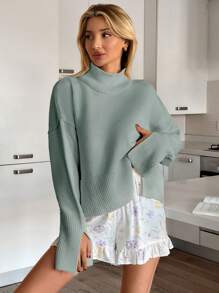 EURMUSE Women Solid Color Mock Neck Rib Knit Hem Sweater - Mint Green - View 6