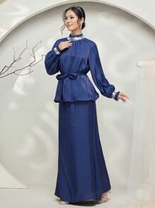 Graceveil Baju Kurung Ancient Style Solid Color Stand Collar Tie Loose Simple Fashionable Casual Daily Wear Modest