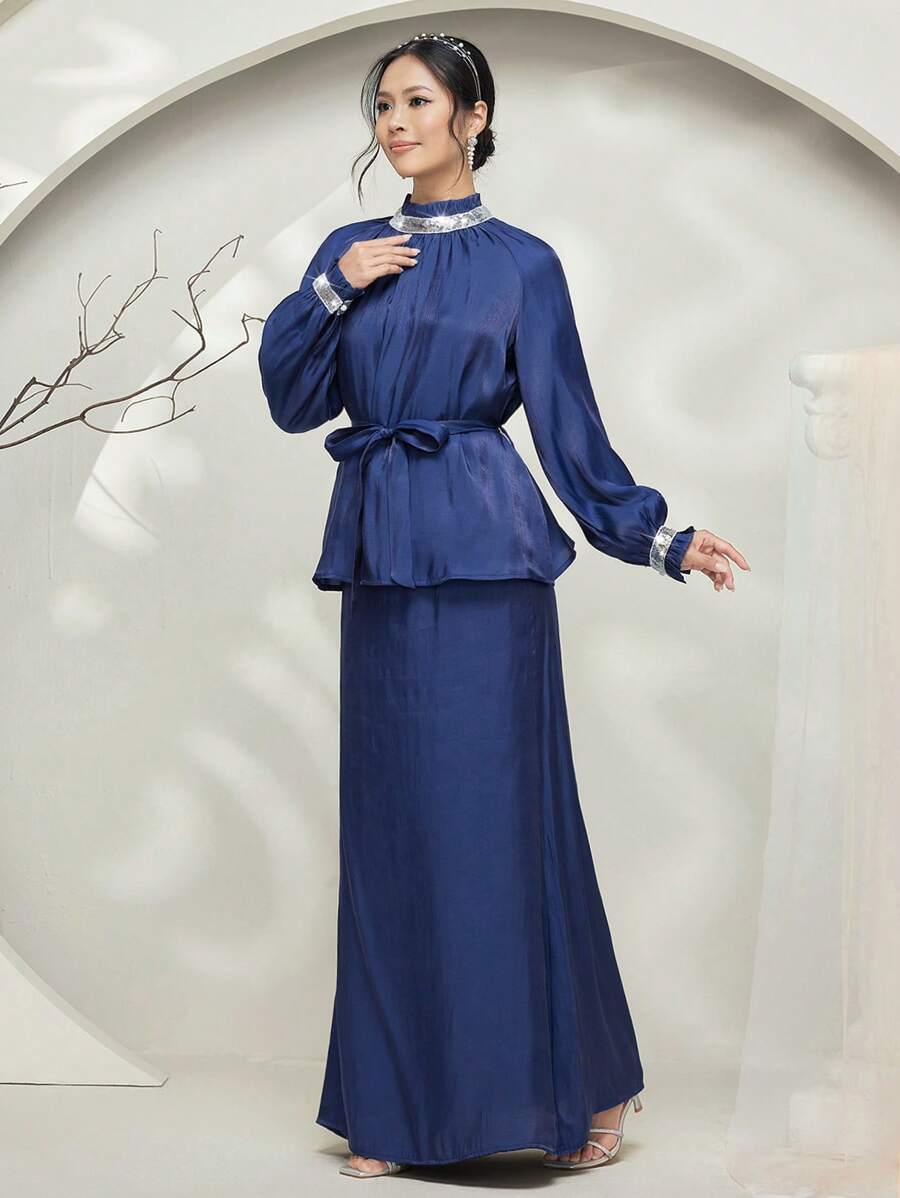 Graceveil Baju Kurung Ancient Style Solid Color Stand Collar Tie Loose Simple Fashionable Casual Daily Wear Modest