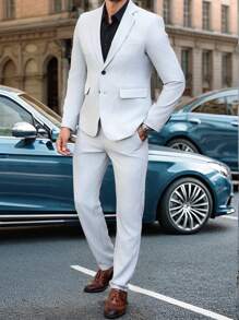 Calvornis Men's Front Button Long Sleeve Pocket Flat Collar Simple Shirt And Trousers Suit Set - Grey - View 4