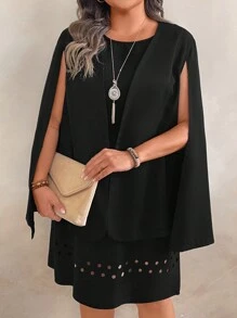 Plus Size Solid Color Round Neck Casual Suit, Everyday Wear - Black - View 5