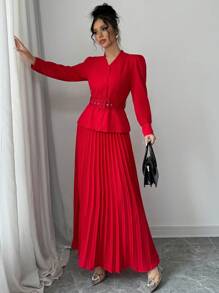 Elenzga 2 件套女士 V 领纯色长袖上衣和裙子套装，适合新年衣服