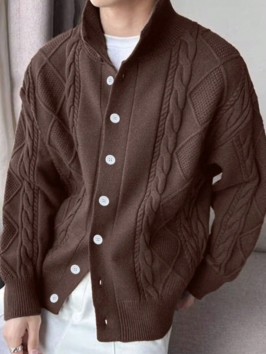 Manfinity Hypemode 男士休闲纯色开衫，百搭秋冬外出落肩纯色厚实休闲开衫，适合老公、男朋友的礼物 - 棕色 - 查看 1