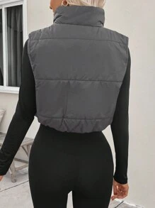 SHEIN LUNE 纯色拉链无袖加垫背心，休闲秋冬装 - 灰色 - 查看 2