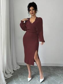 Chiquease Unique Design Lace Trim Knitted Sweater Dress, Waist Cinched Style, Elegant Look - Burgundy - View 7