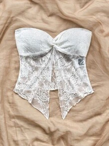 Soleia 女士度假纹理针织，弹性蕾丝面料扭纹抹胸短款上衣，前开衩，时尚适合下午茶、毕业典礼、四季、派对、情人节 - 白色 - 查看 5