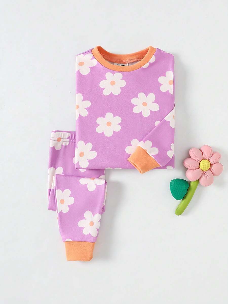 SHEIN 2pcs Baby Girl Floral Pattern Contrast Color Round Neck Long Sleeve Top And Pants Soft Comfortable Skin-Friendly Fitted Pajama Set