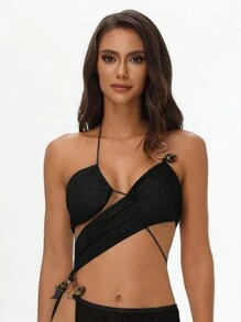 New Women's Solid Color Mesh Beach Cover-Up Swimsuit, Suitable For Summer Vacation - Black - View 4