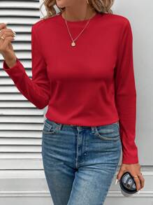 SHEIN LUNE Fitted Crew Neck Long Sleeve T-Shirt For Women, Skin-Friendly Comfortable Basis, For All Seasons - Red - View 5