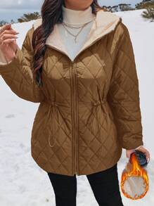 SHEIN Frenchy Plus Size Women Padded Coat With Hat, Thermal Lined, Pockets, Versatile - Brown - View 5