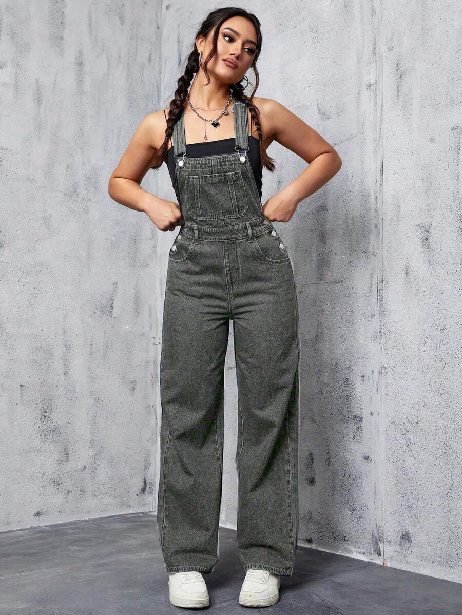 SHEIN EZwear 纯色口袋粗肩带休闲百搭无袖牛仔连体裤 - 灰色 - 查看 1