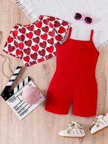 SHEIN 2 件套年轻女孩休闲可爱 T 恤和连体衣套装，时尚潮流春秋 - 紅色 - 查看 2