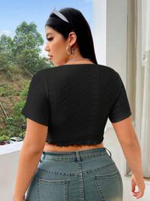 SHEIN EZwear Camiseta de talla grande para mujer de unicolor con tela jacquard perforada y cordón ajustable en la parte delantera