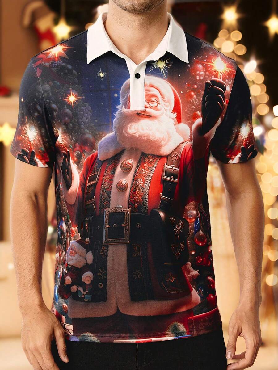 Manfinity NXTstreet Polo a maniche lunghe da uomo con collo alla coreana, vestibilità slim, stampa di Babbo Natale, adatta per l'autunno, per il Natale - Multicolore - Visualizzare 1