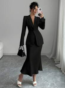 Elenzga 1 Set Solid Color Single Breasted Long Sleeve Blazer And Mini Skirt Elegant Suit Fall Cloth For Women - Black - View 5