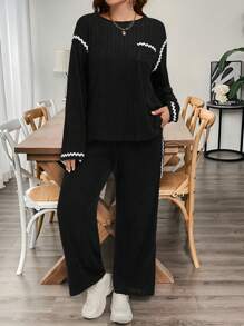 大码女式两件套针织上衣配撞色饰带休闲修身套装 - 黑色 - 查看 5