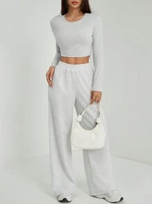 SHEIN PETITE Women's Solid Color Crew Neck Long Sleeve Bodycon T-Shirt And Sweatpants Set - Grey - View 6