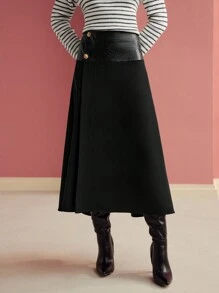 MOTF PREMIUM CONTRAST PU LEATHER BUTTON DETAIL SKIRT - Black - View 4