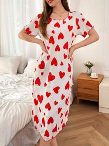 Dream Adore Heart Print Short Sleeve Nightgown Babydoll, Casual & Fashionable For Daily Wear Holidayseason