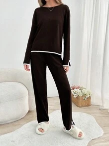 RueChic 2pcs Cotton Contrast Colour Piping With Slit Detail Homewear Set - Brown - View 4