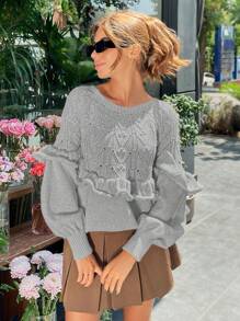 EURMUSE Women's Solid Color Ruffled Jacquard Pullover Sweater, Long Sleeve, Autumn/Winter - Light Grey - View 5