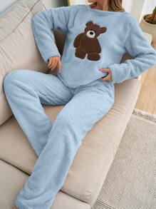 RueChic 2pcs Plush Bear Embroidery Detail Homewear PJ Set - Baby Blue - View 5